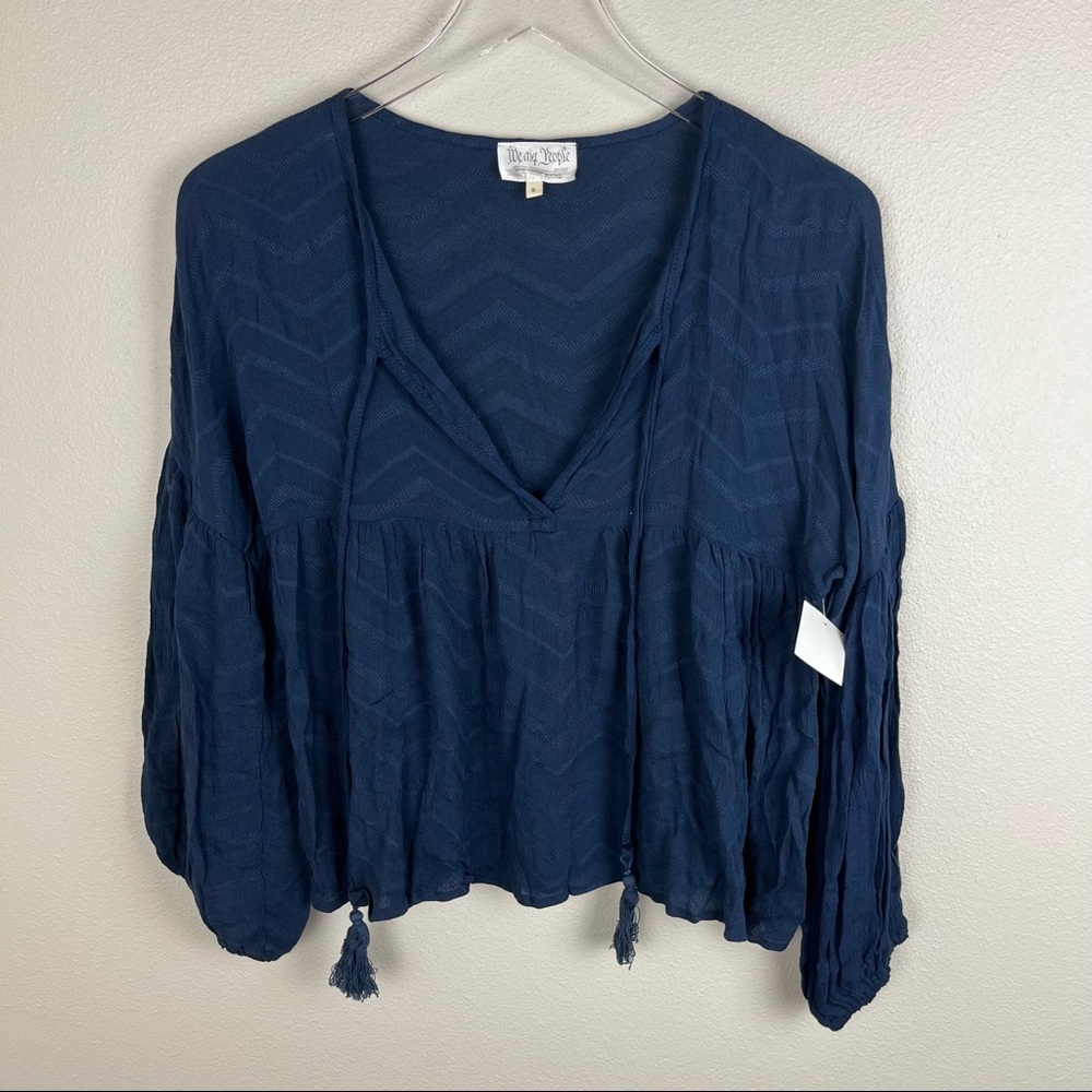 We My People | Navy Solid V-Neck Babydoll Gathered Blouse